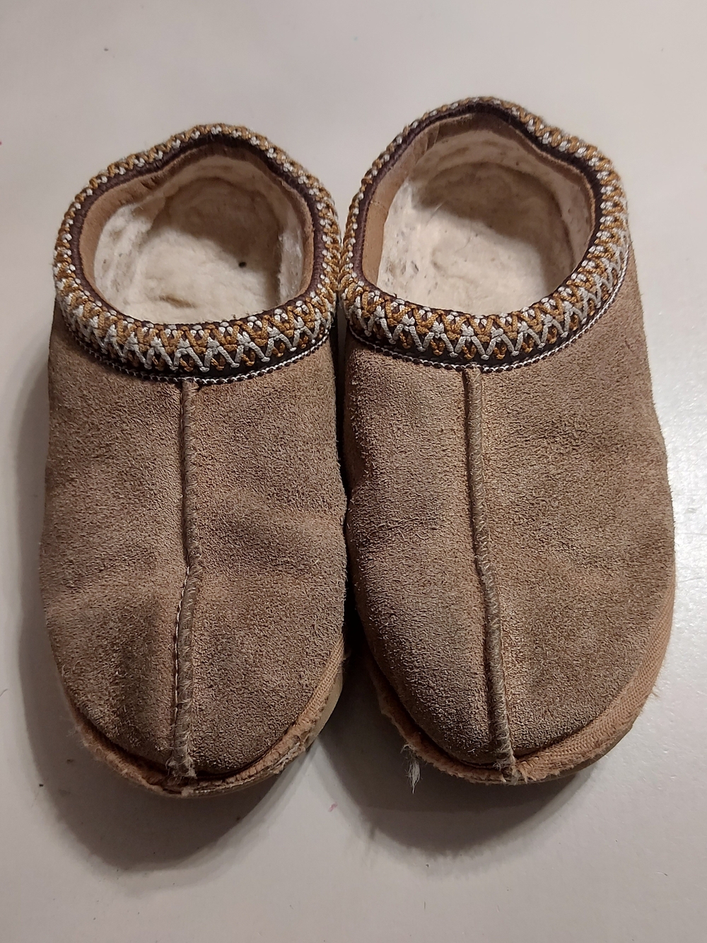 UGG Kids Tan Suede Slip-On Slippers with Woven Trim